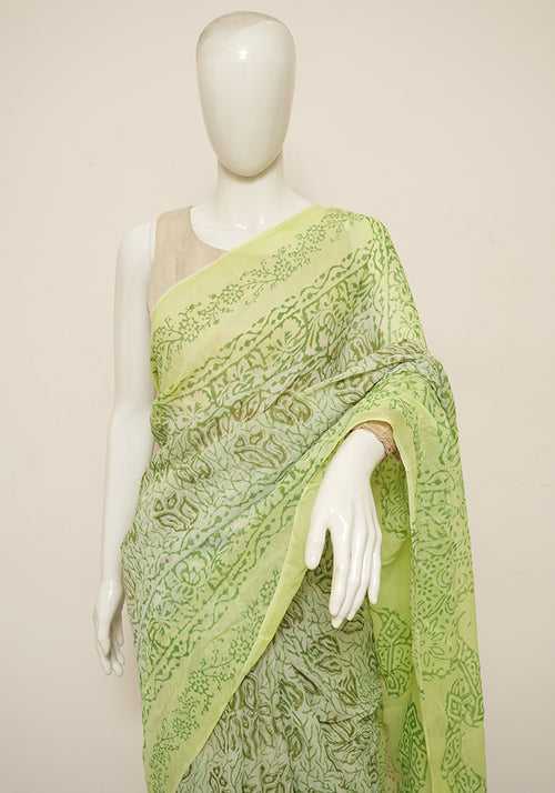 Light Green and Parrot Green Block Printed Georgette Saree