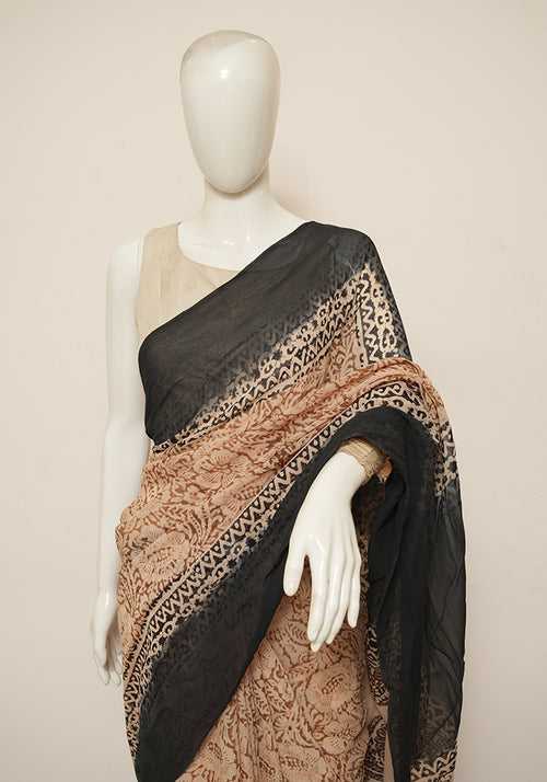 Light Brown and Black Block Printed Georgette Saree