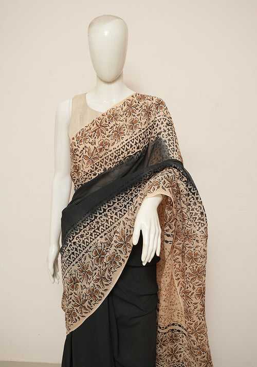 Black and Light Brown Block Printed Georgette Saree