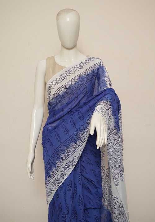 Cobalt Blue and White Block Printed Georgette Saree