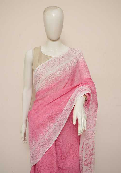 Pink and White Block Printed Georgette Saree