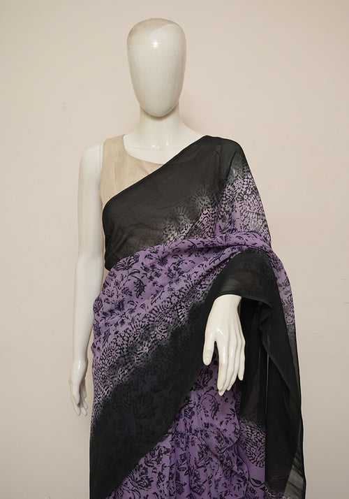 Purple and Black Block Printed Georgette Saree