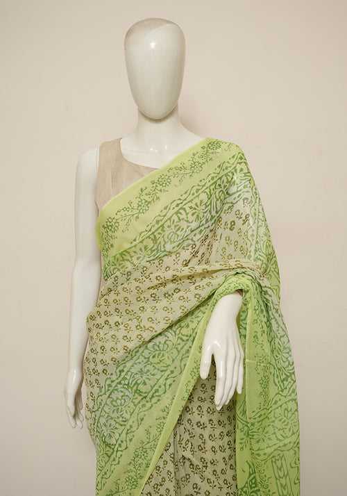 Light Green and Parrot Green Block Printed Georgette Saree