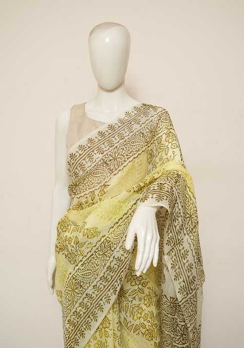 Lemon Yellow and Off White Block Printed Semi Organza Saree with Badla work