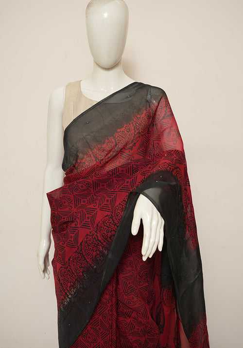 Red and Black Block Printed Semi Organza Saree with Badla work