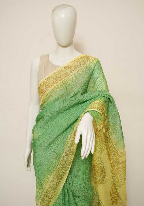 Parrot Green and Lemon Yellow Block Printed Semi Organza Saree with Badla work