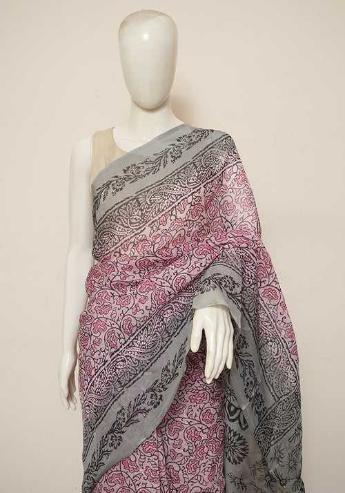 Pink and Grey Block Printed Semi Organza Saree with Badla work