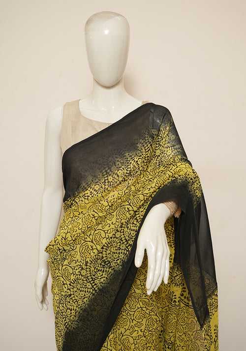 Yellow and Black Block Printed Georgette Saree