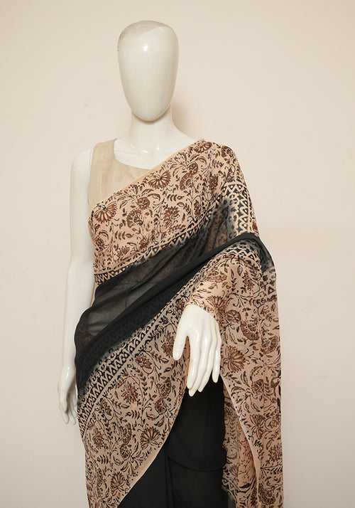 Black and Light Brown Block Printed Georgette Saree