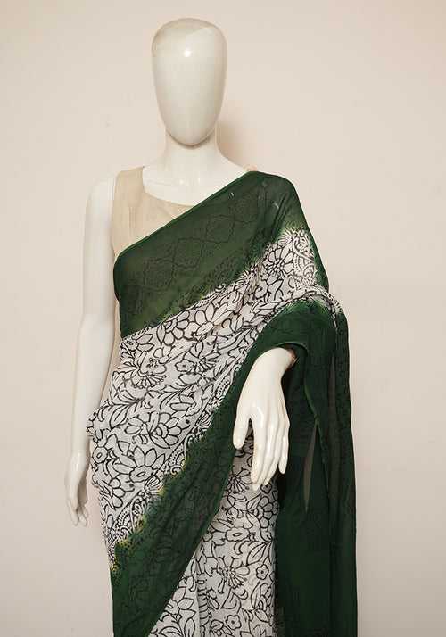 White and Dark Green Block Printed Georgette Saree