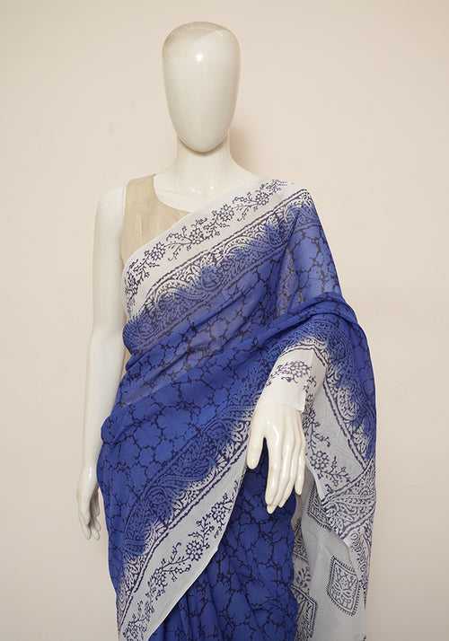 Cobalt Blue and White Block Printed Georgette Saree