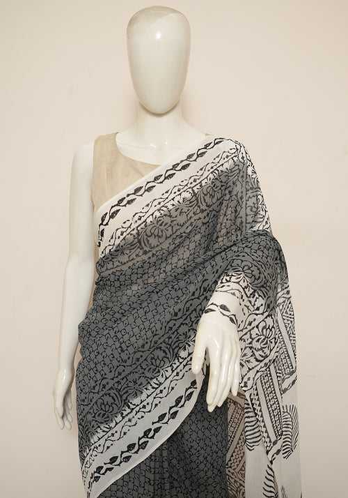 Grey and White Block Printed Georgette Saree
