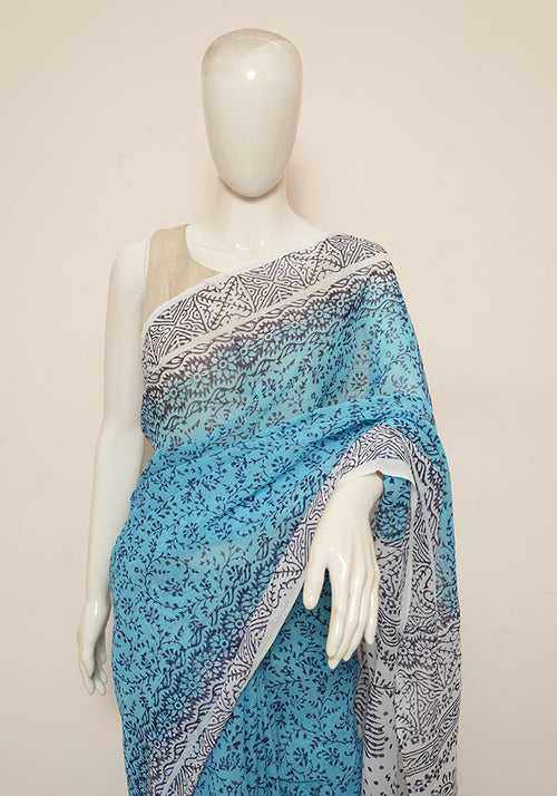 Turquoise Blue and White Block Printed Georgette Saree