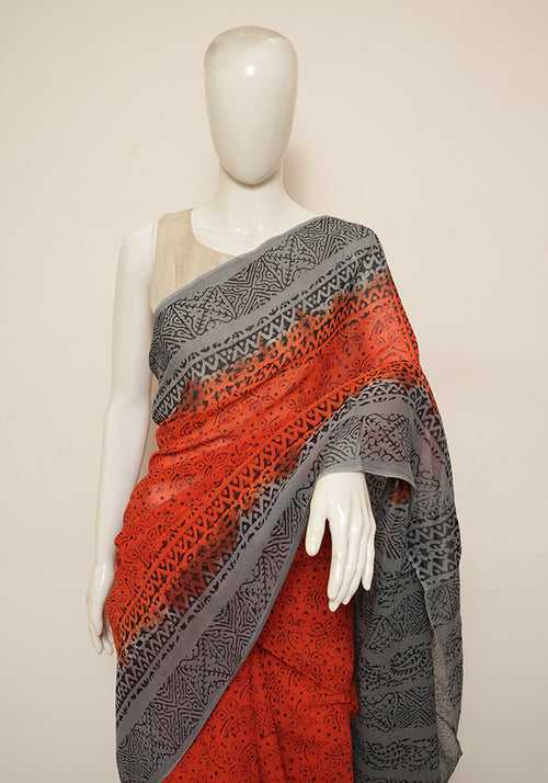 Orange and Grey Block Printed Georgette Saree