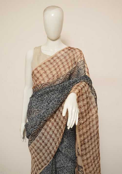 Grey and Light Brown Block Printed Semi Organza Saree with Badla work