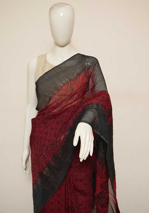 Red and Black Block Printed Semi Organza Saree with Badla work