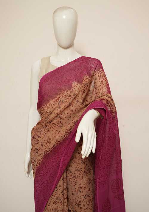 Light Brown and Pink Block Printed Georgette Saree