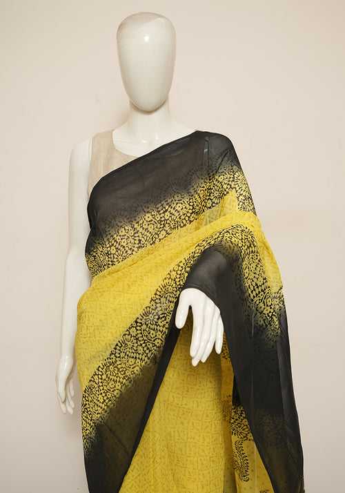 Lemon Yellow and Black Block Printed Georgette Saree