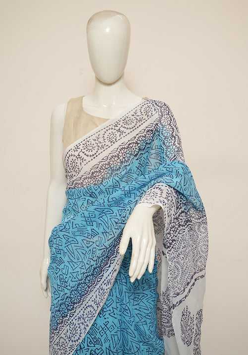 Turquoise Blue and White Block Printed Georgette Saree