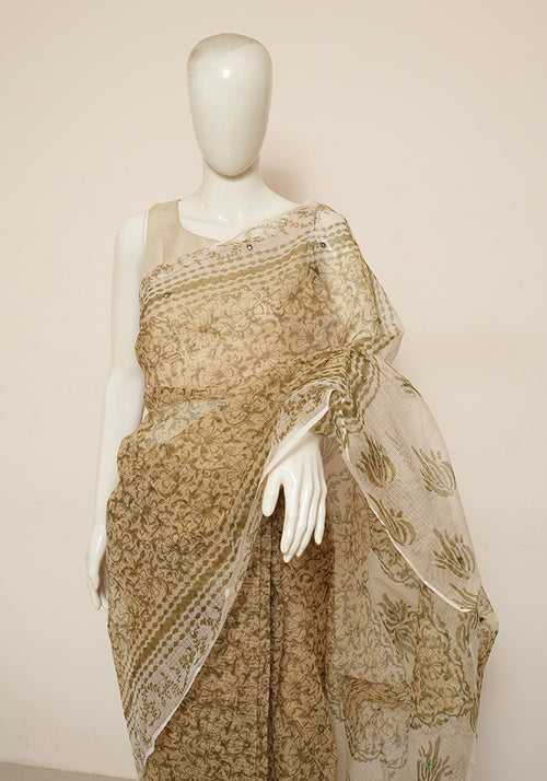 Beige Block Printed Kota Saree with Mirror Work