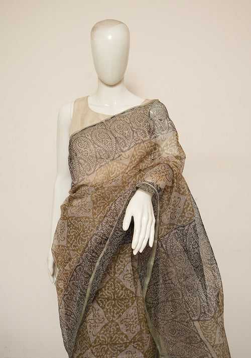 Beige and Olive Green Block Printed Kota Saree with Mirror Work