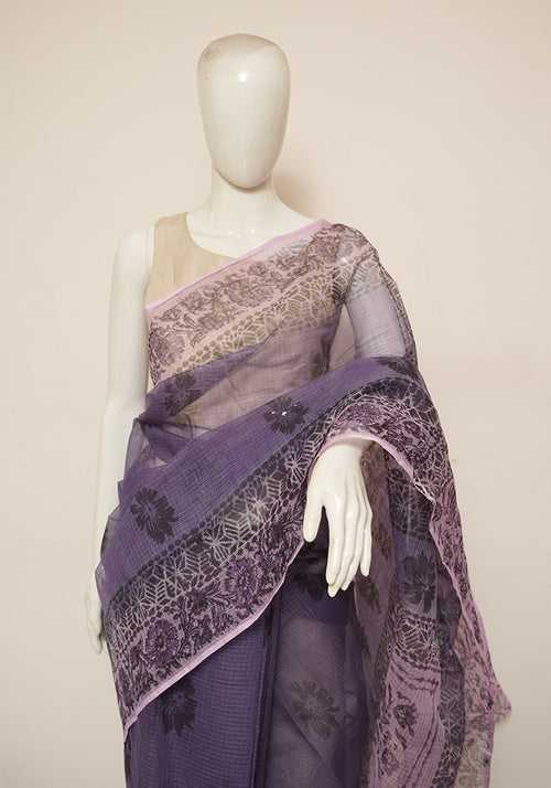 Purple and Light Purple Block Printed Kota Saree with Mirror Work