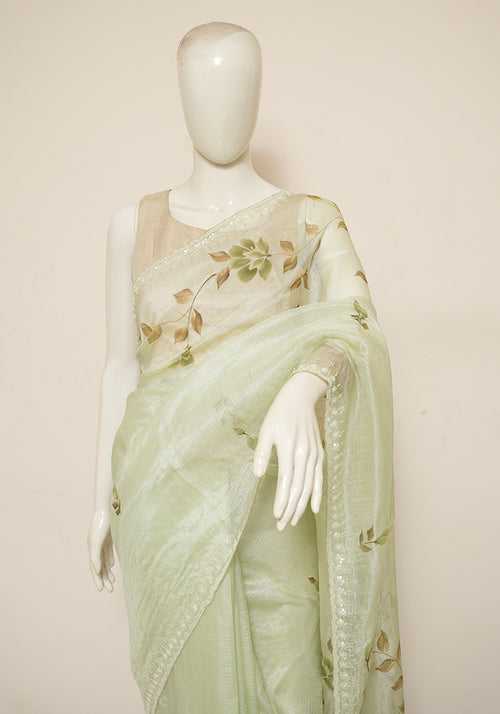 Pista Green  Hand Painted Tussar Kota Saree with Bead Work