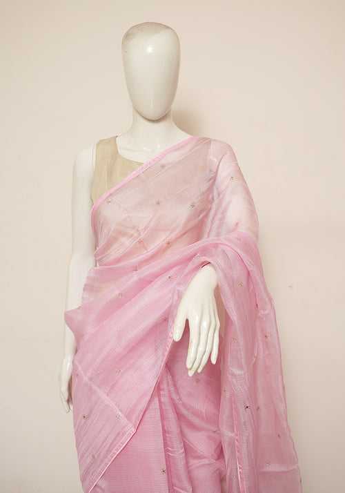 Pink Tussar Kota Saree with Badla Work and Piping