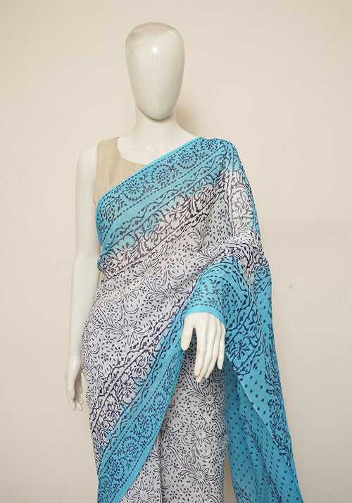 White and Turquoise Blue Block Printed Georgette Saree