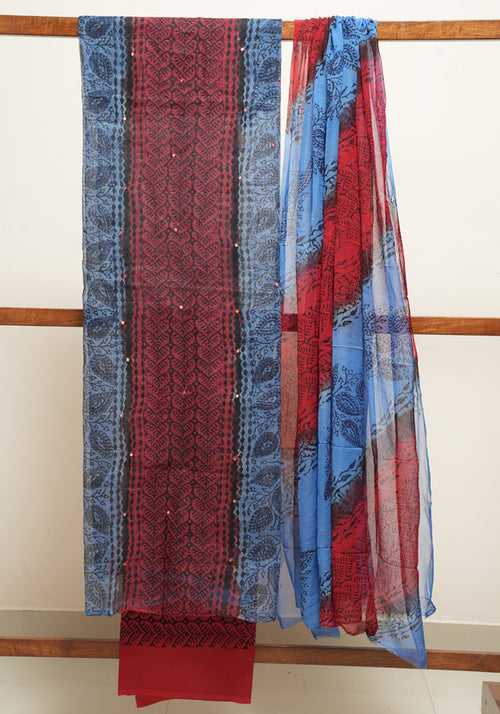 Blue and Red Unstitched Kota Salwar set