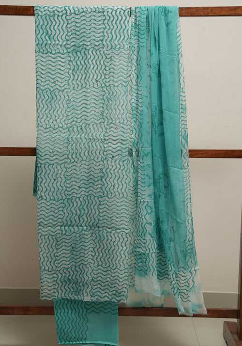 White and Sea Green Unstitched Kota Salwar set