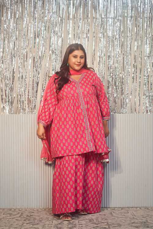 Pink Printed Cotton V-Neck Gota Sharara Set