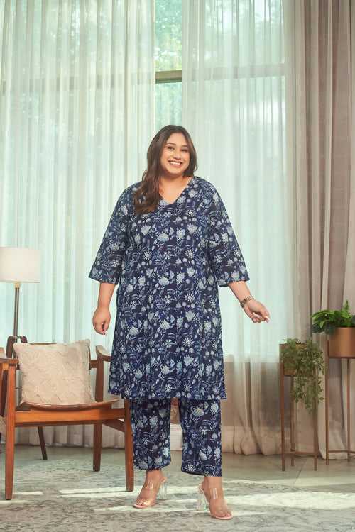 Navy Blue Floral Kurta Co-Ord Set