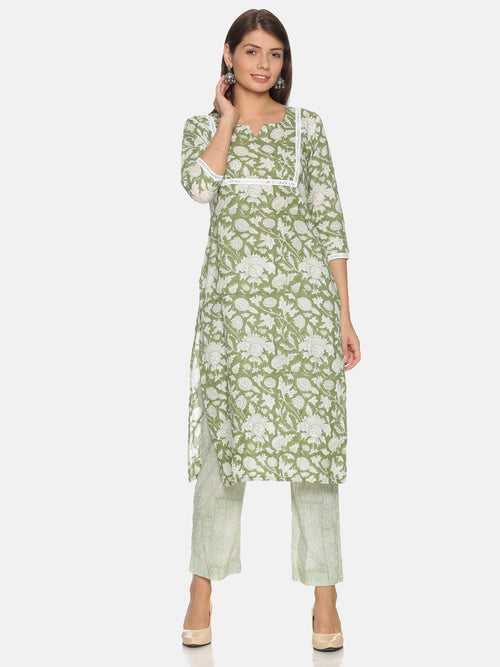 Cotton Green Floral Printed Kurta