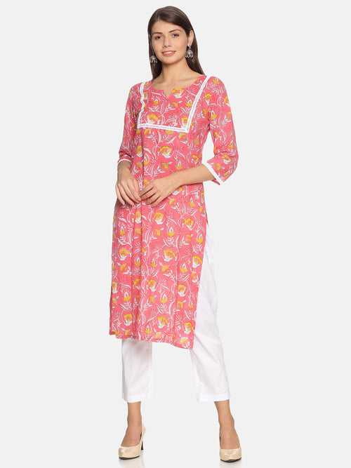 Peach Floral Printed Cotton Yoke Kurta