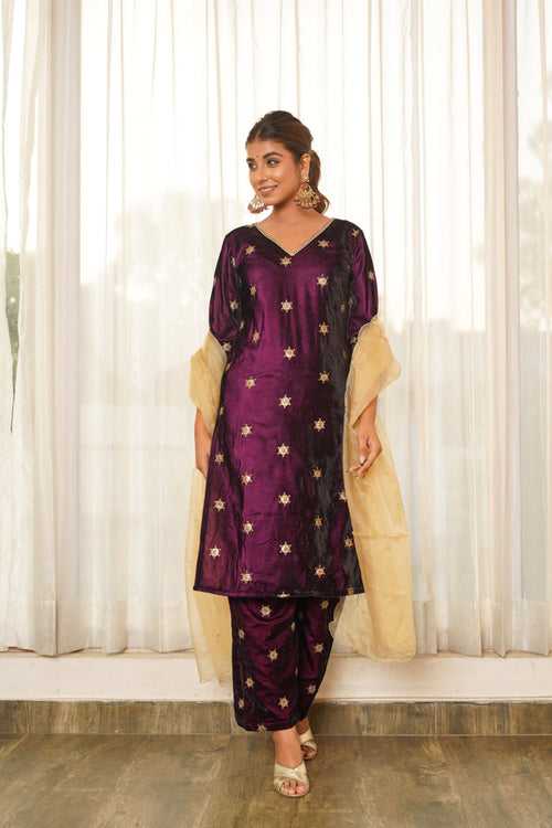 Wine Embroidered Velvet Kurta Set - Regular Size