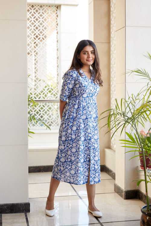 Cotton Blue Floral Printed Shirt Dress- Regular Size