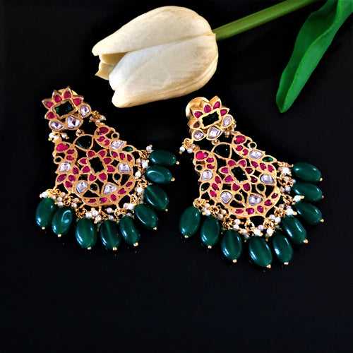 Pure Silver Kundan Emerald Drop Dangle Earrings