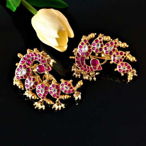 Handmade Pure Silver Kundan Peacock Ear Cuffs