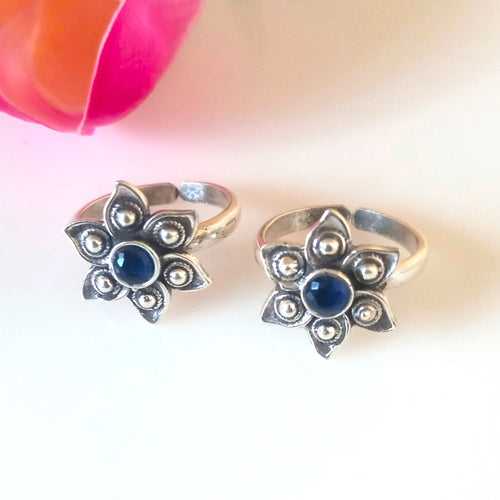 Adjustable 92.5 Pure Silver Blue Flower Toe Rings