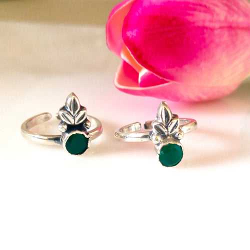 Adjustable 92.5 Pure Silver Emerald Leaves Toe Rings