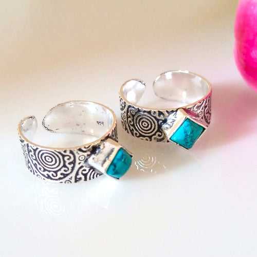 Adjustable Pure Silver Square Turquoise Toe Rings