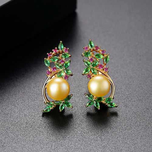 YGP Gold Pearl Emerald Ruby Studs
