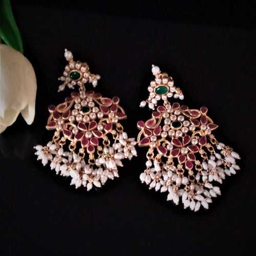 Pure Silver Ruby Emerald Pearls Guttapusalu Dangle Earrings