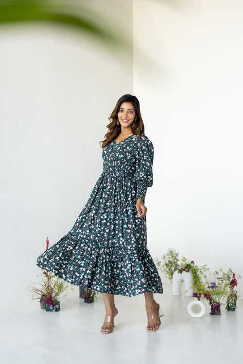 EMERALD GREEN FLORAL SMOCKED MAXI