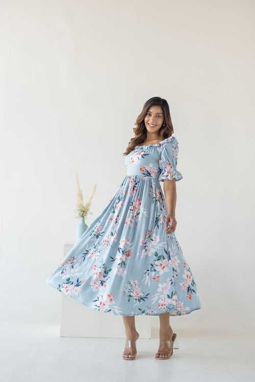 SKY BLUE FLORAL COTTON MAXI