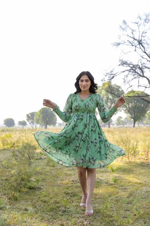 PASTEL GREEN FLORAL SMOCKED MIDI