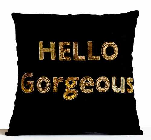Hello Gorgeous Pillow, Gold Sequins Pillow Cover, Beaded Throw Pillows, Black Gold Sequin Pillows
