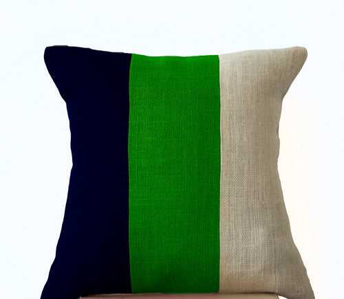Modern Color block Pillow, Navy Green and white Burlap Throw pillow, Couch Pillow, Modern Decor
