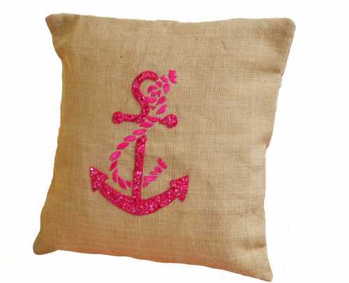 Hot Pink Cute Anchor throw pillows- Nautical pillow covers- Beach pillows - Burlap pillows -Embroidered Pillow -Nautical cushion cover 16X16